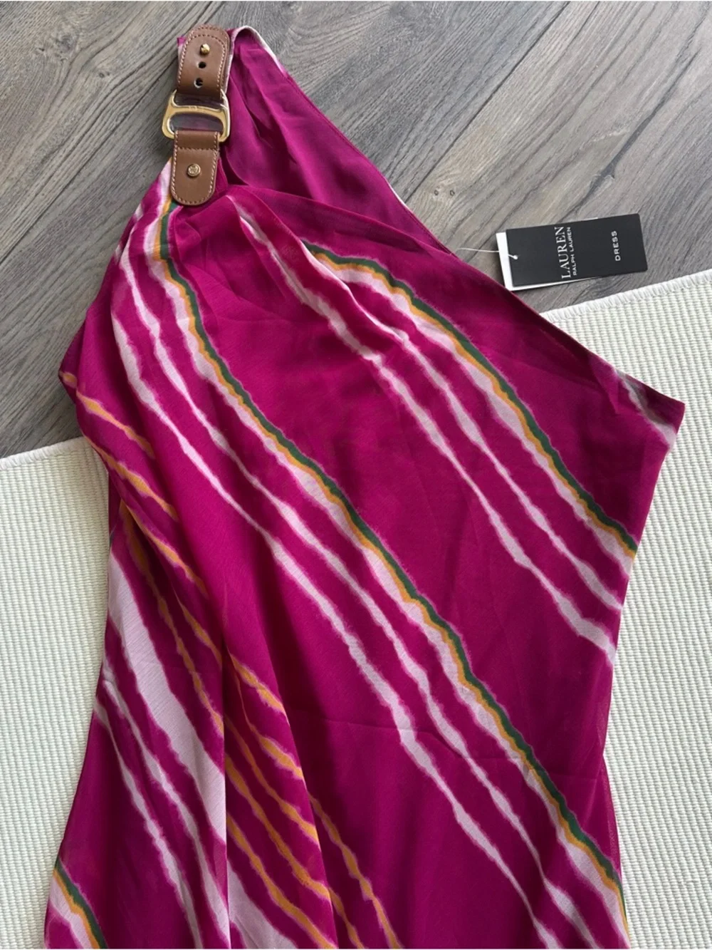 LAUREN RALPH LAUREN Striped One-Shoulder NWT Crinkle Georgette Dress - Picture 2 of 11